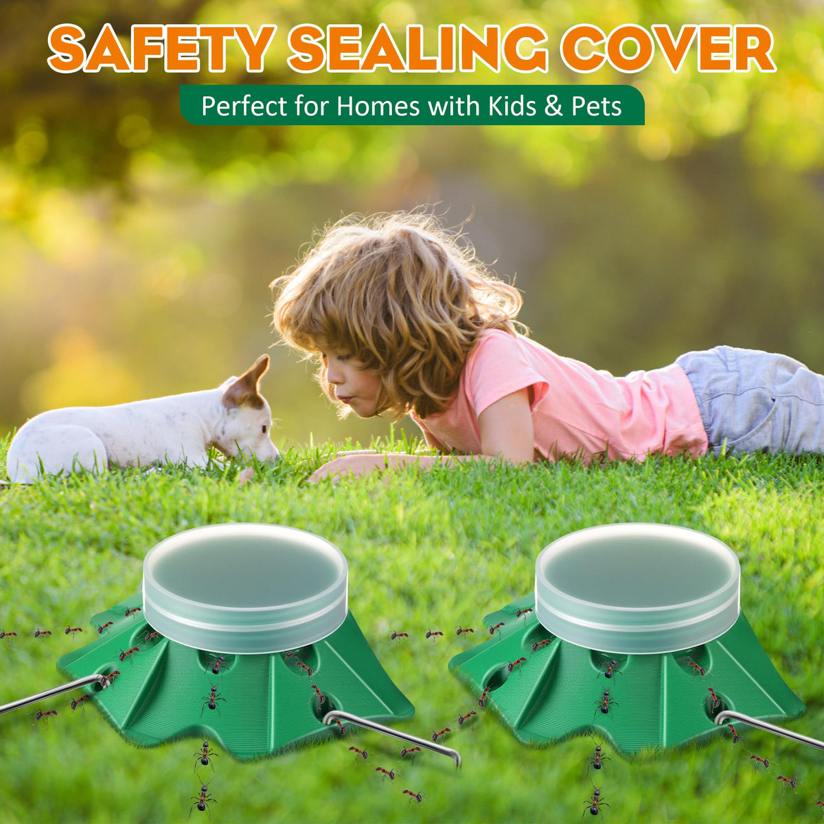 Outdoor stake and lid protect bait from weather for durability.