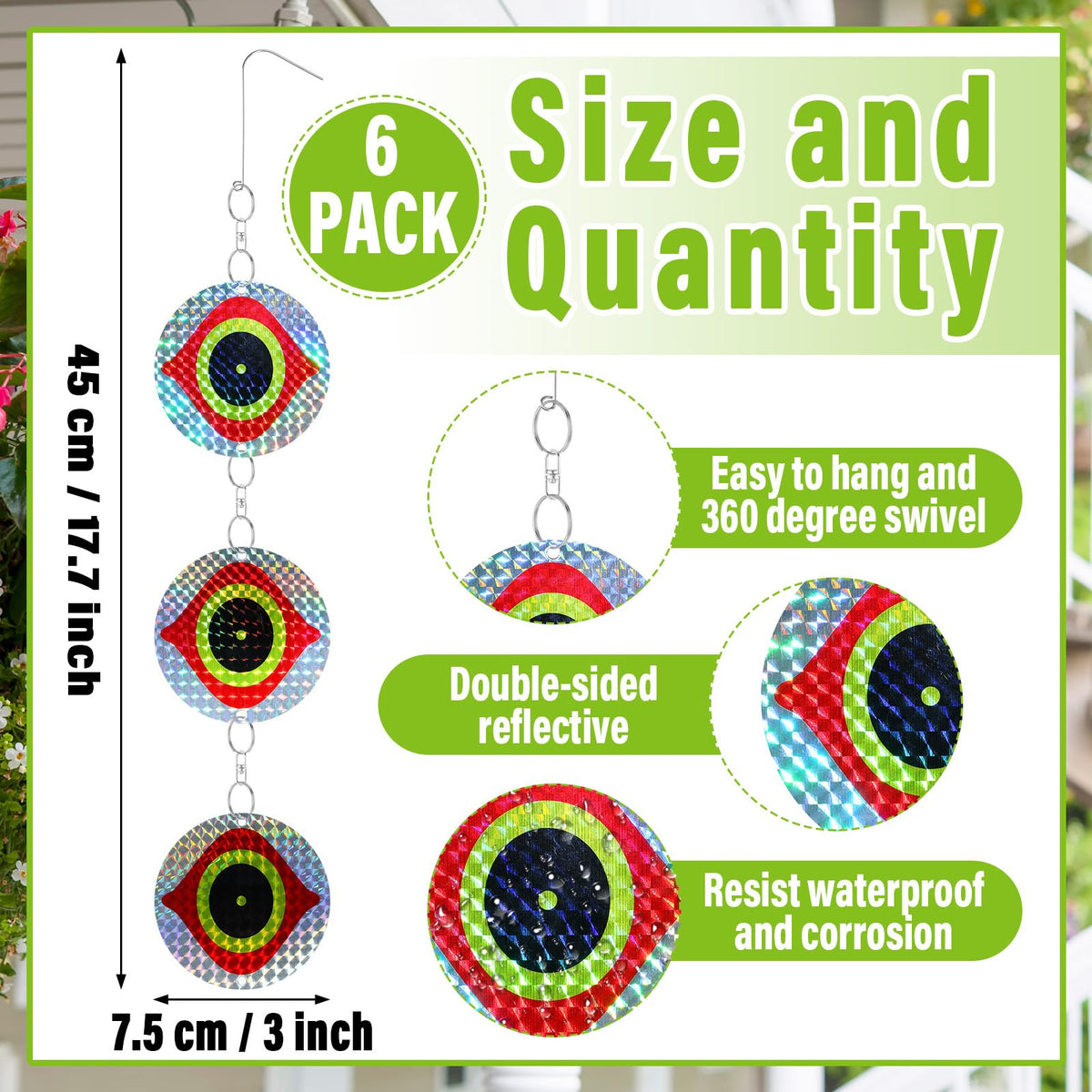 Qualirey bird deterrent disc with evil eye glow enhances nighttime deterrence.