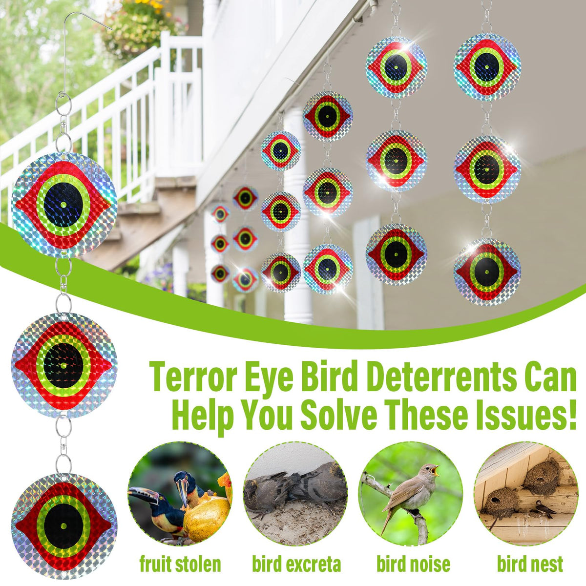 Qualirey deterrent disc with reflective surface creates light flashes to startle birds.