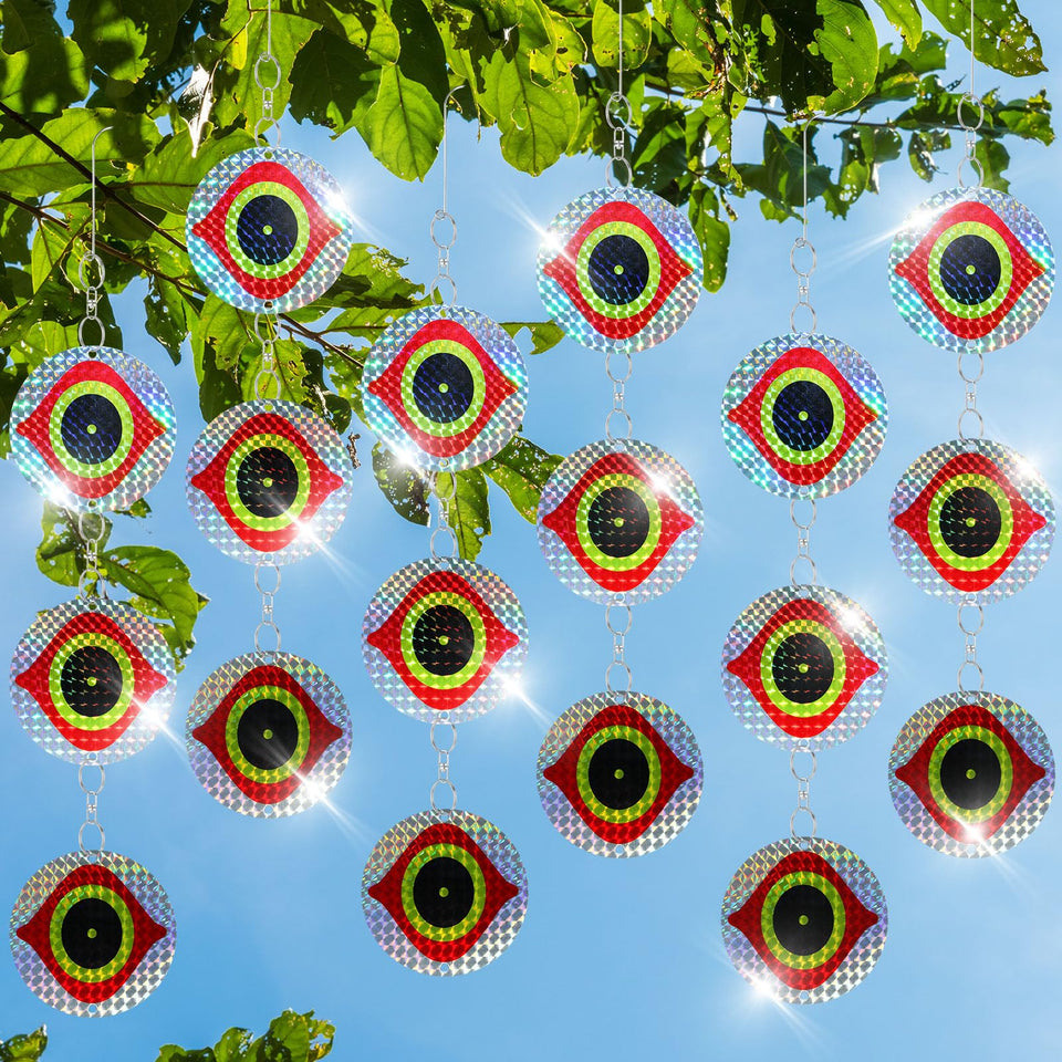 Qualirey round hanging bird deterrent disc protects fruit trees from birds.