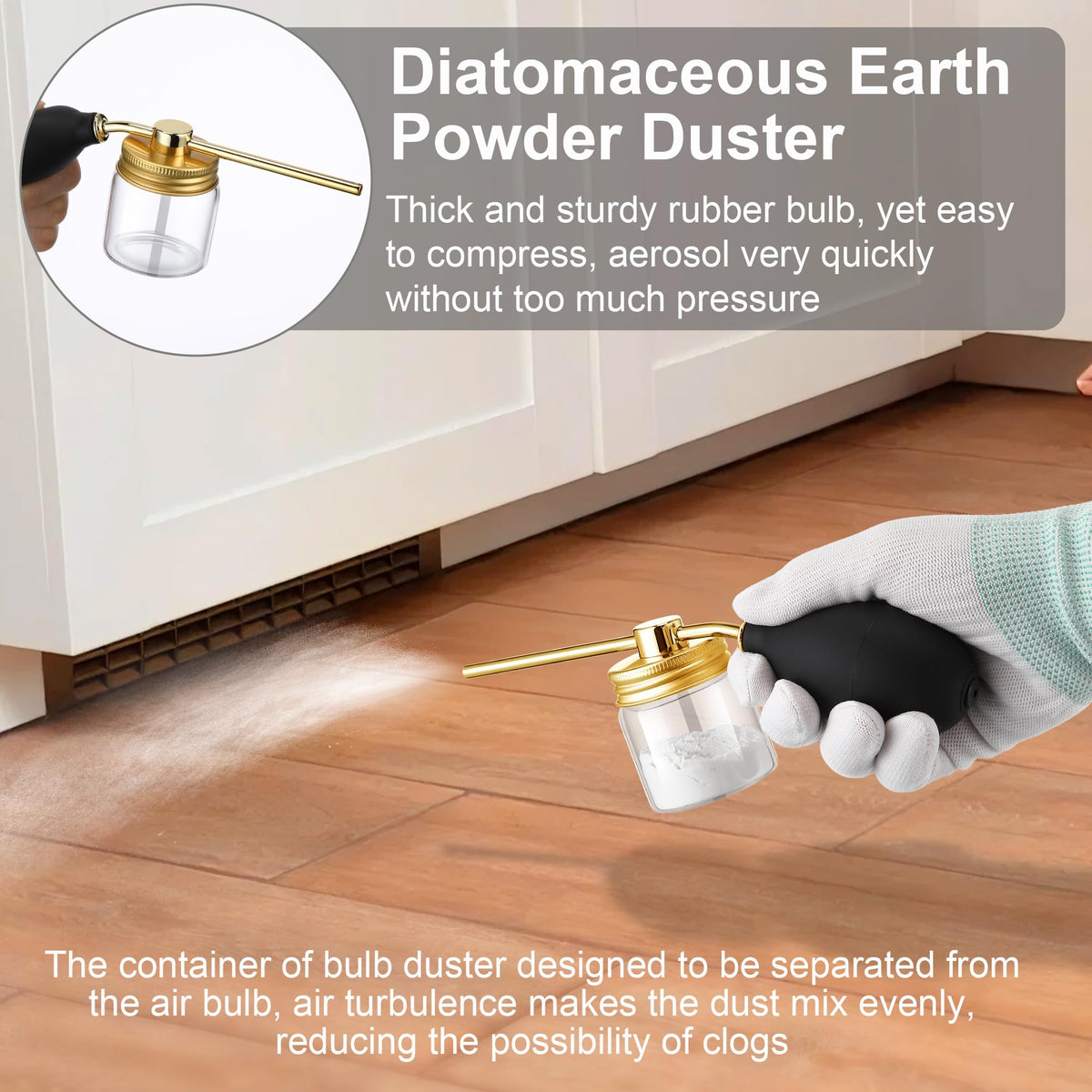 Qualirey Duster features anti-clog design for smooth mixing and even powder distribution.
