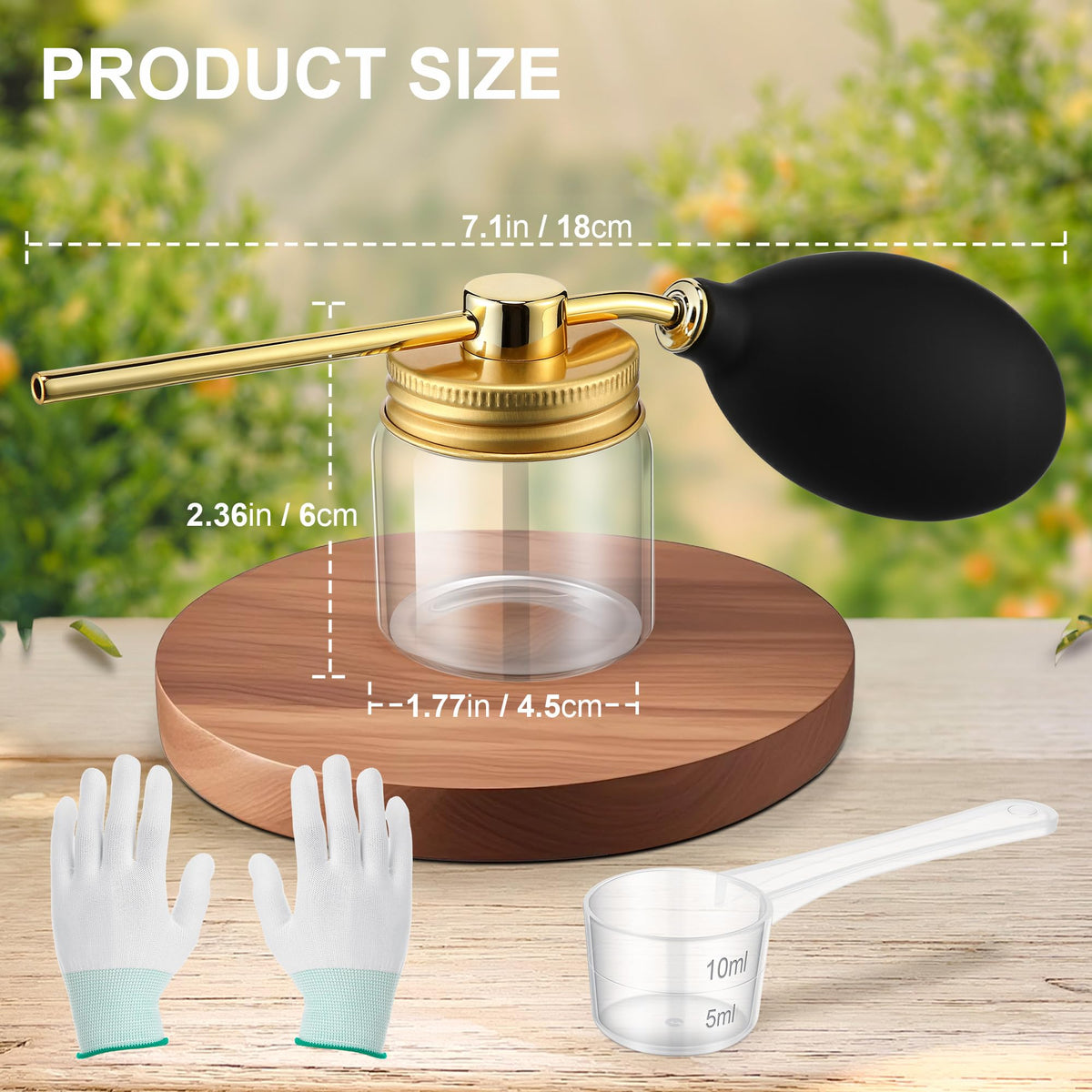 Transparent glass container shows powder level for easy refills during use.