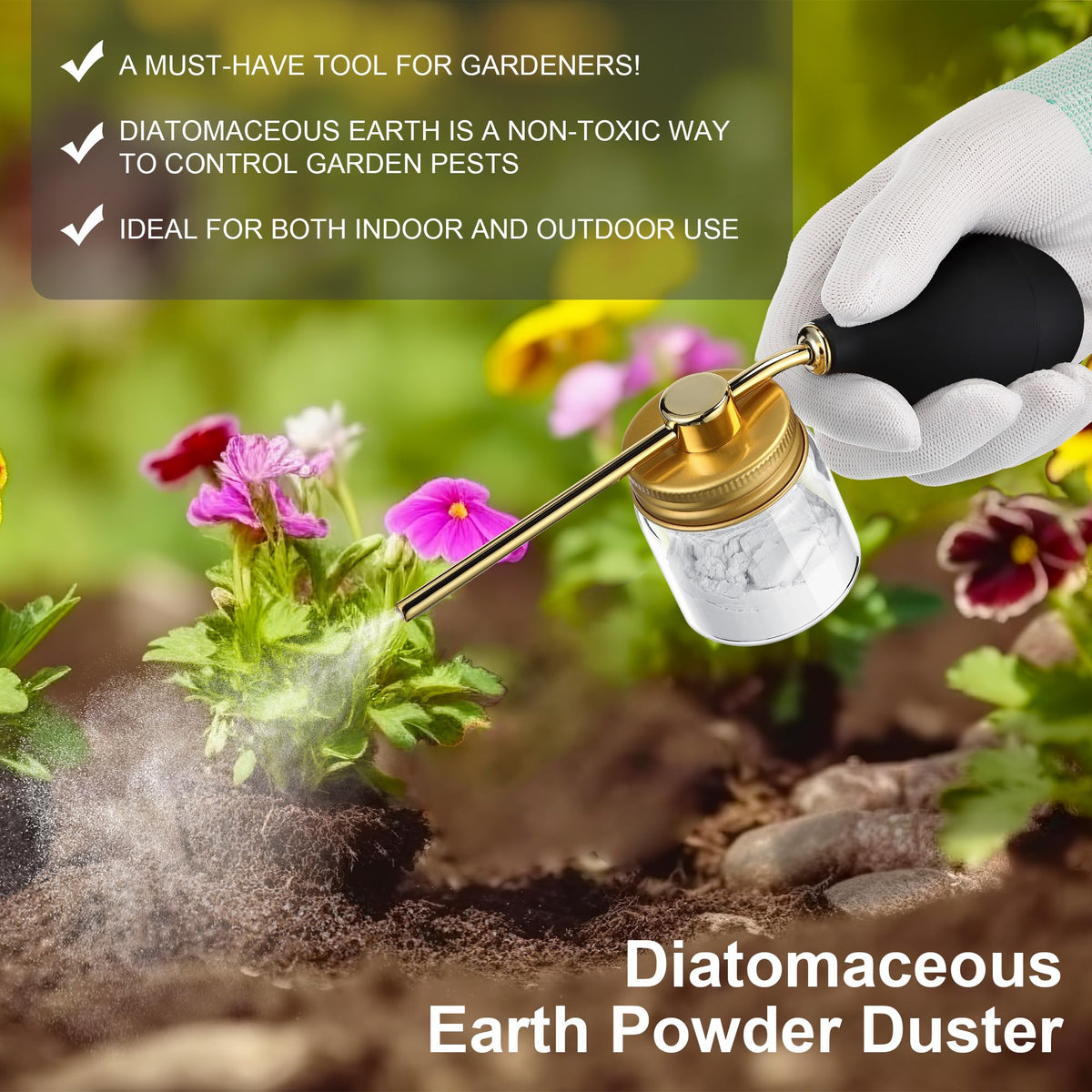 Versatile indoor and outdoor use for pest control, gardening, and general dusting tasks.
