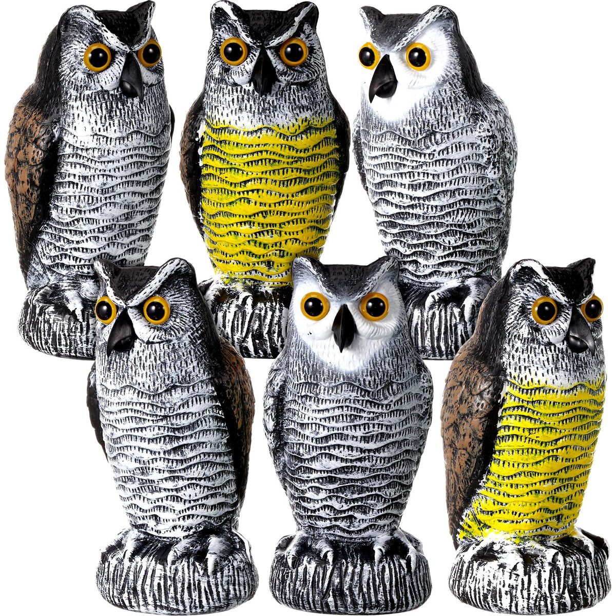 Qualirey fake owl decoy in garden deters birds and protects plants.