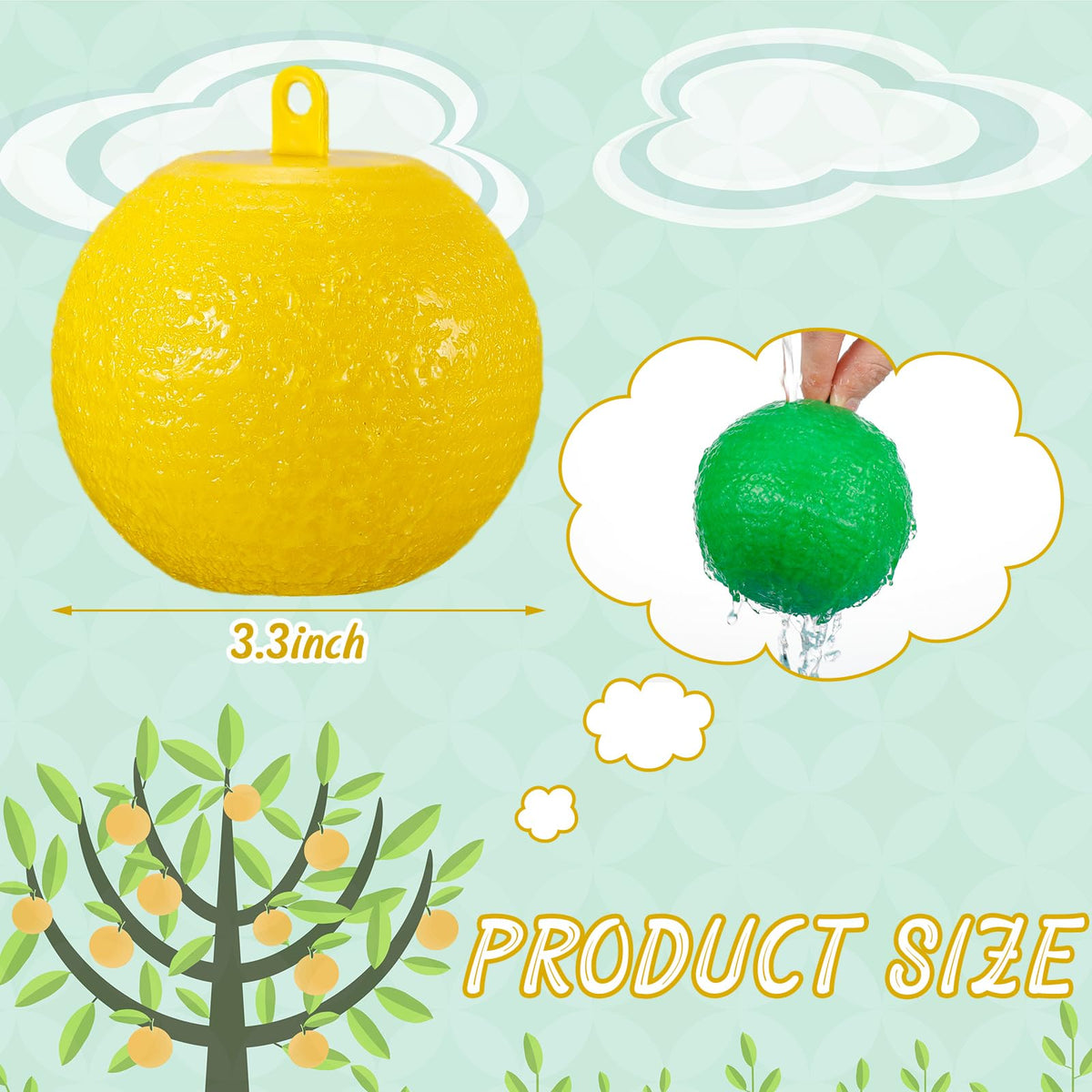 Qualirey fruit fly trap ball yellow adhesive close-up highlights strong 360° grip.