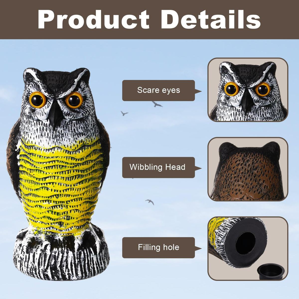Qualirey mini owl statue for patio adds decor while deterring birds.