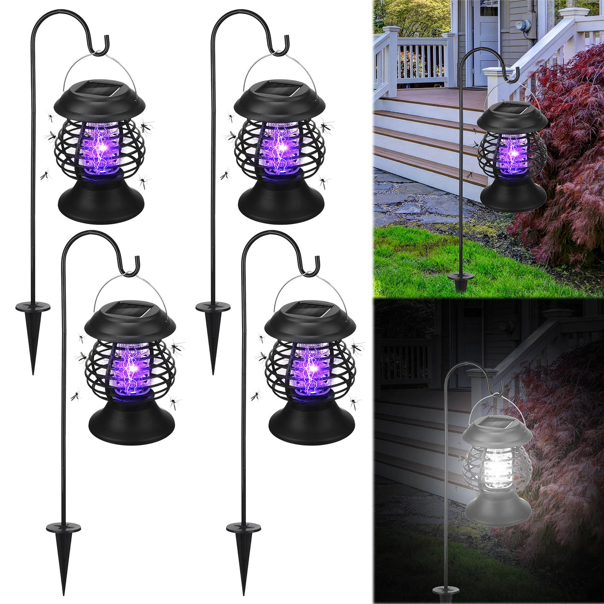 Qualirey four-pack outdoor solar bug zappers for patio protection.