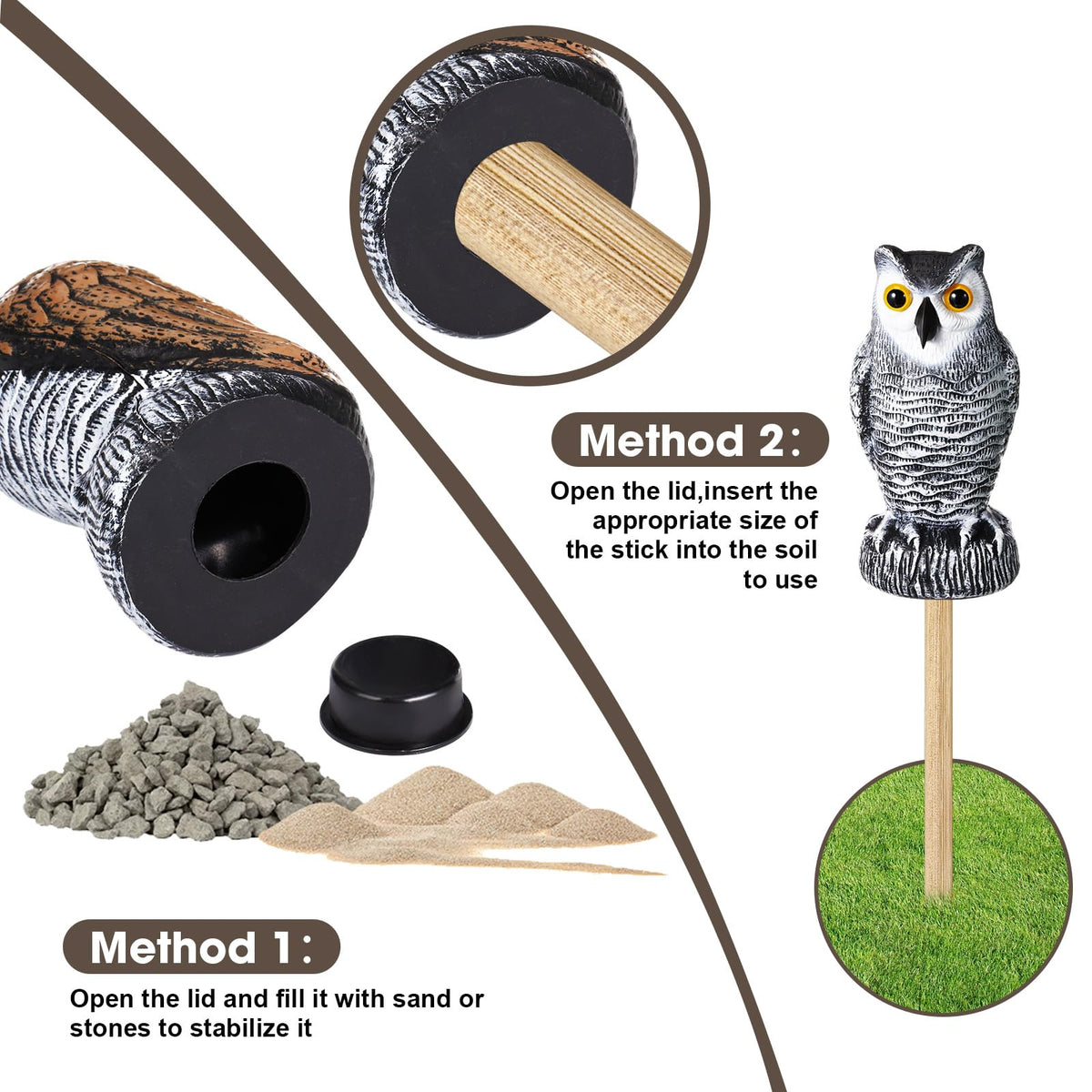 Qualirey plastic owl decoy for porch or fence deters birds effectively.
