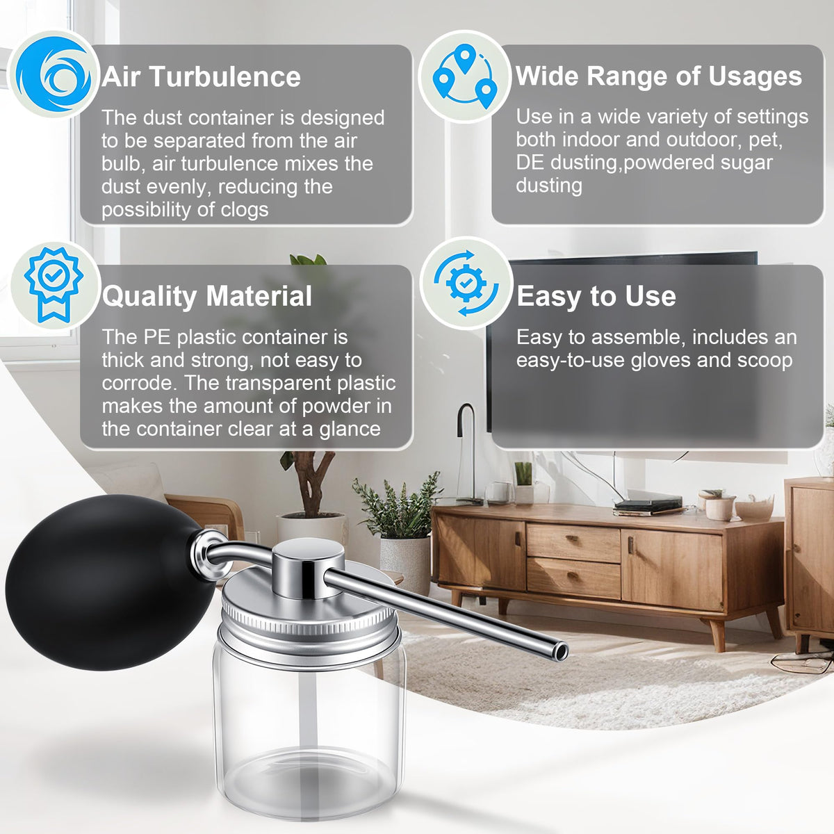 Qualirey puffer for indoor and outdoor use supports versatile dusting.