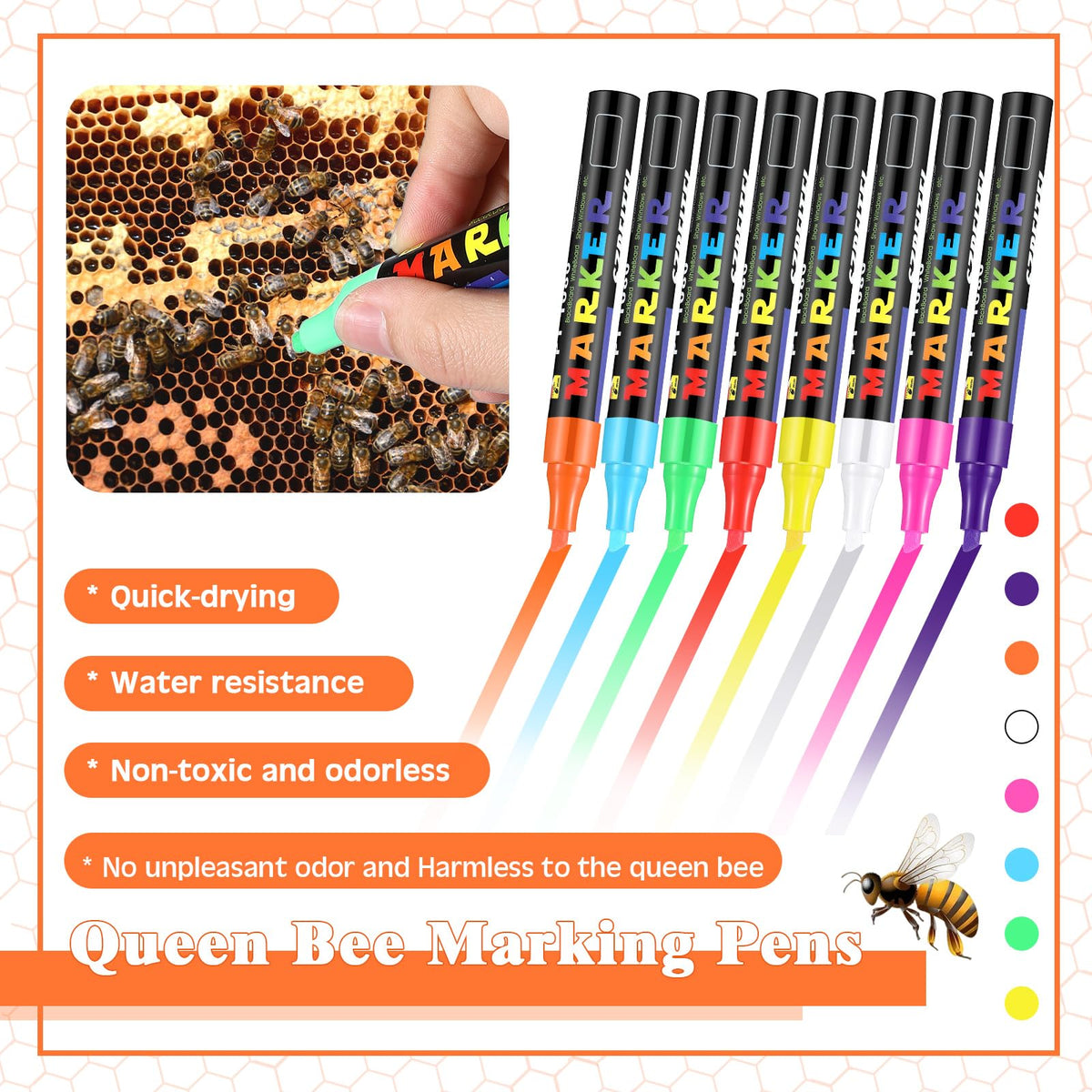 Qualirey queen marking pen orange delivers quick-dry ink for hive work.
