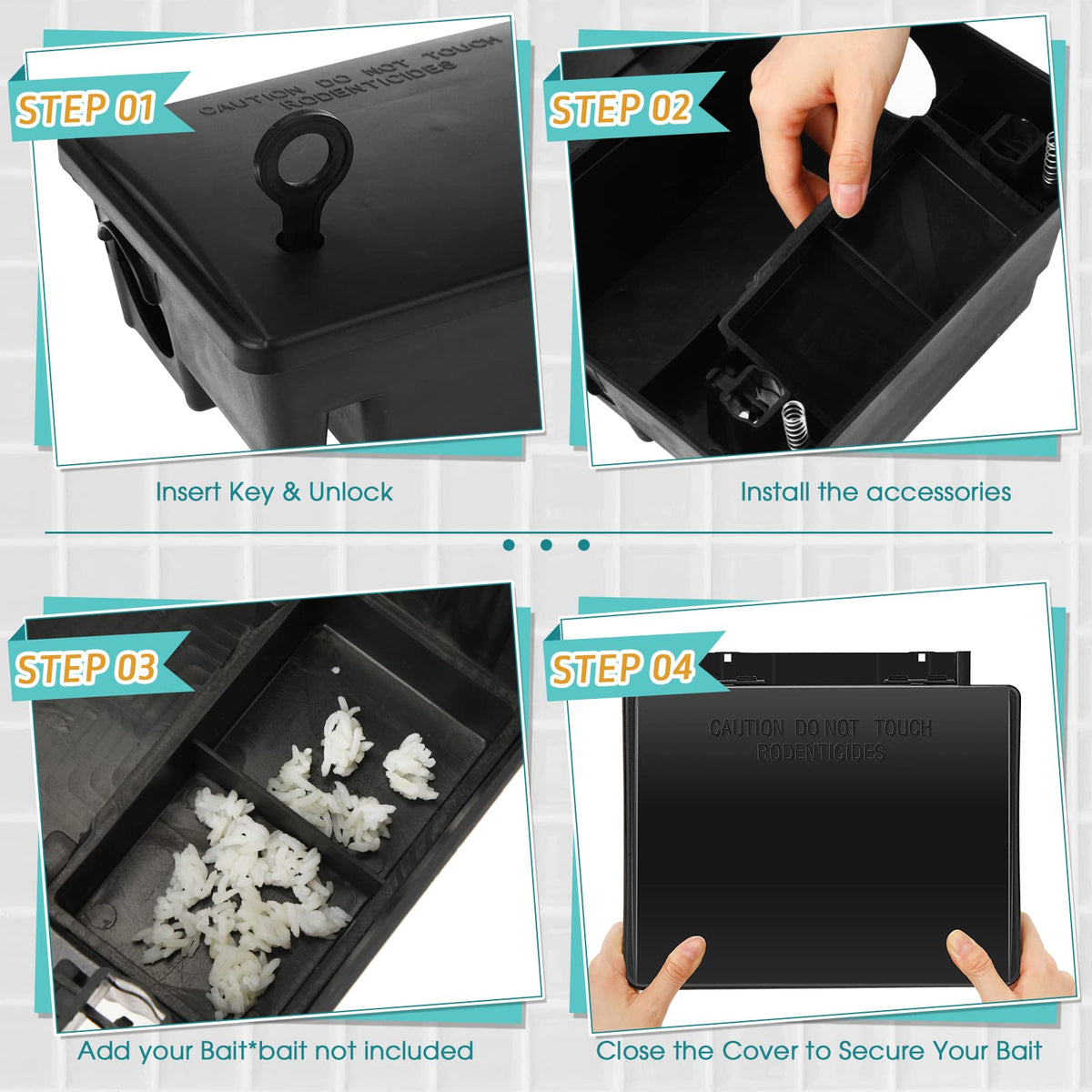 Qualirey rat bait station with key inset shows controlled opening for safety.