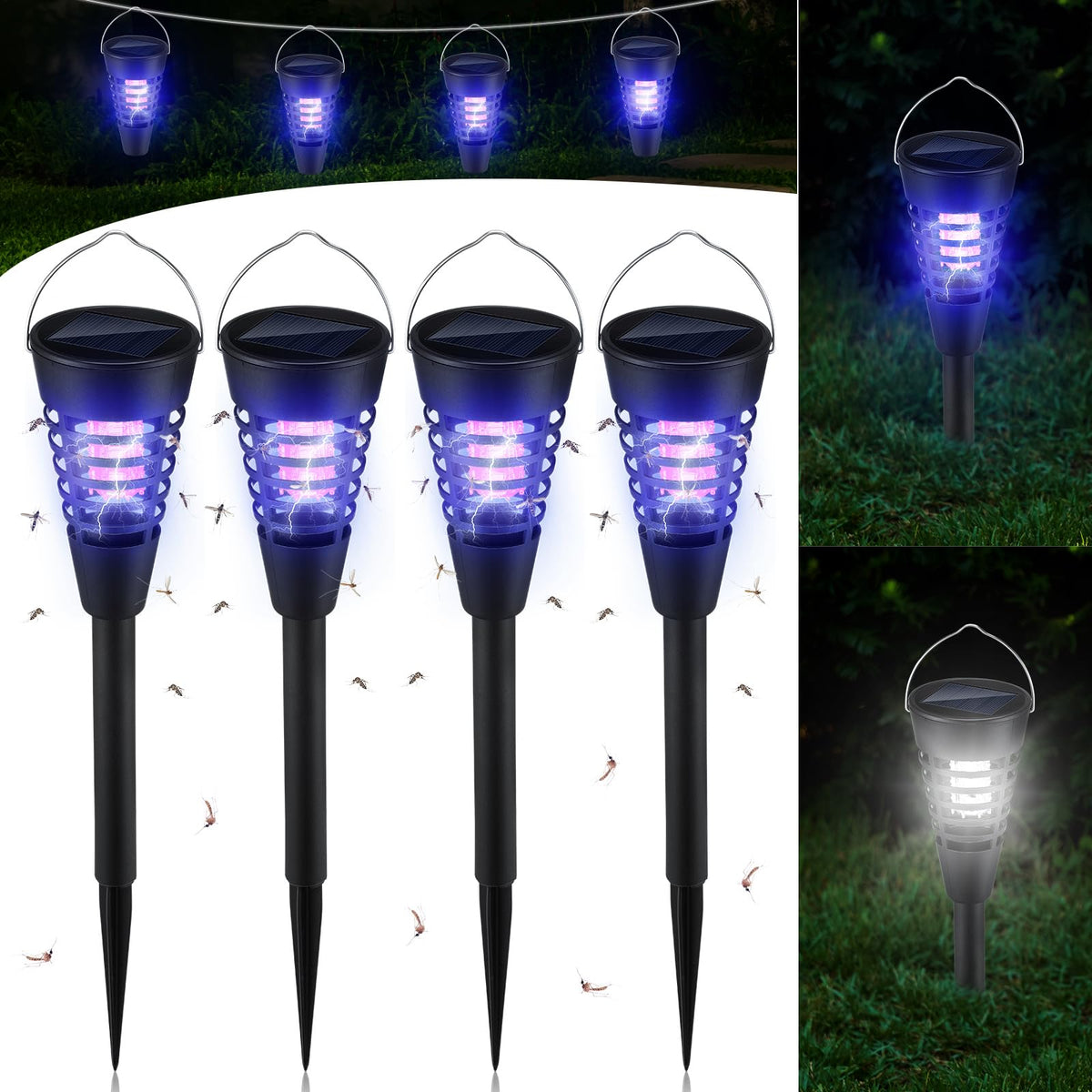 Qualirey solar bug zapper 4-pack for patios reduces flying insects.