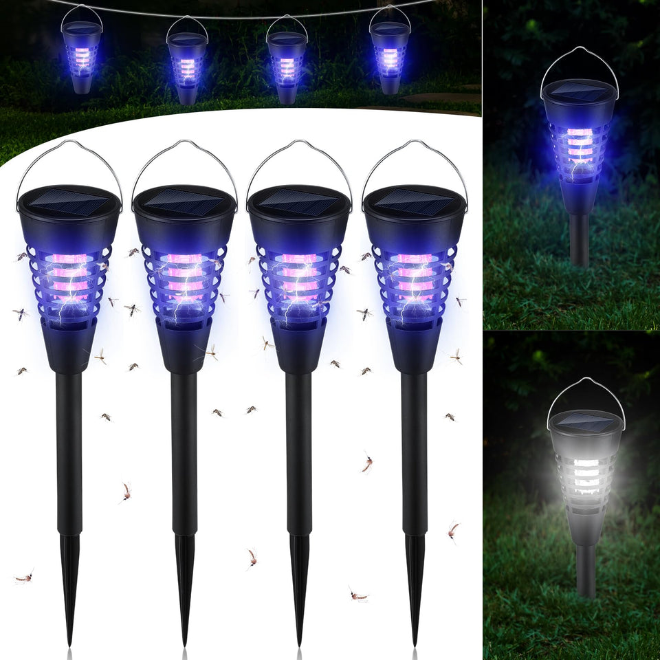 Qualirey solar bug zapper 4-pack for patios reduces flying insects.
