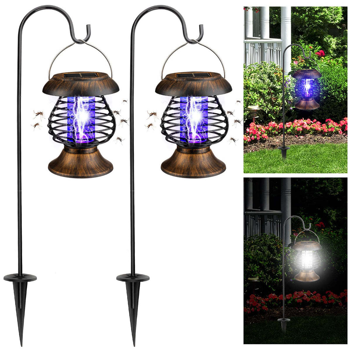 Qualirey solar bug zapper front view showing antique bronze finish for outdoor use