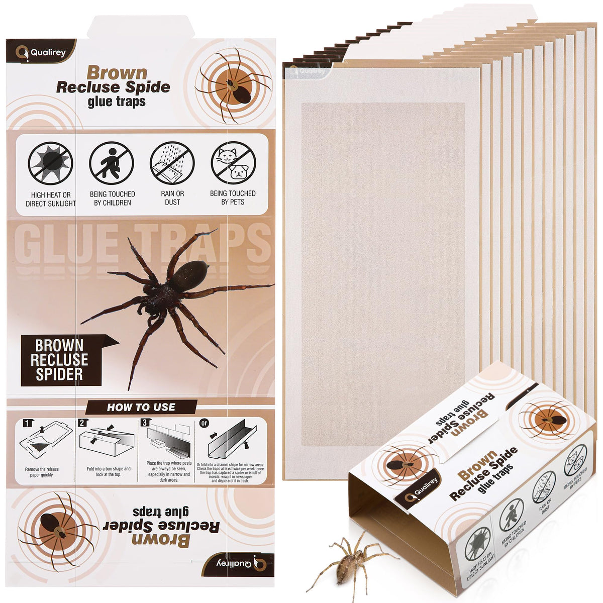 Qualirey spider traps eleven-by-five-inch adhesive surface for wide indoor coverage.
