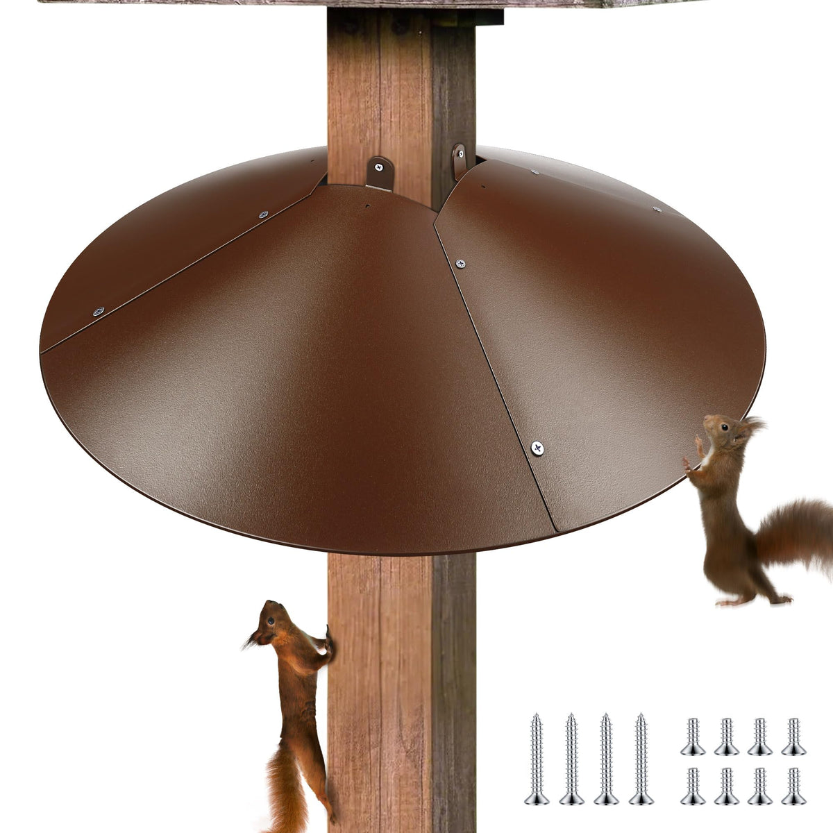 Qualirey squirrel baffle wrapped around a 21.5-inch post protects feeders