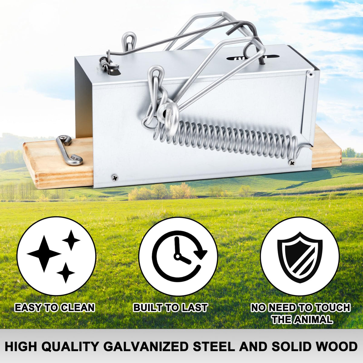 Qualirey squirrel trap installation in yard highlights sturdy frame for reliable placement.