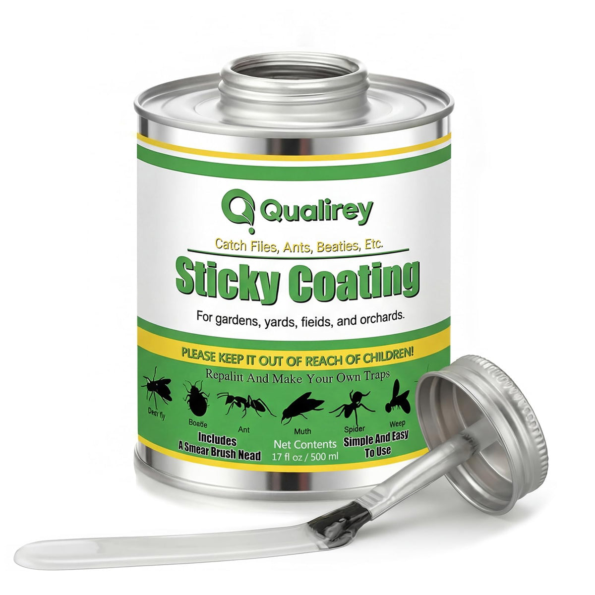 Qualirey tangle-trap sticky coating with brush for easy outdoor application.