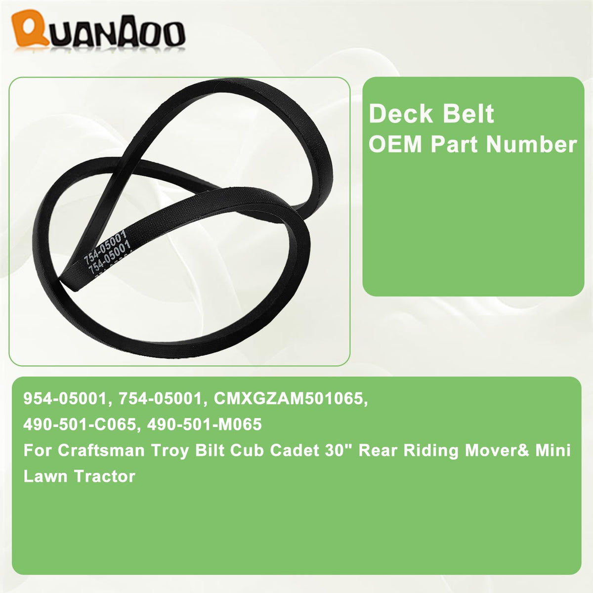 Quanaoo deck belt side view illustrates clean tension and compatibility with multiple riding mowers