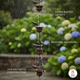 Quanqiuyi bird rain chain demonstrates rain-guided drainage with rust-resistant metal for outdoors