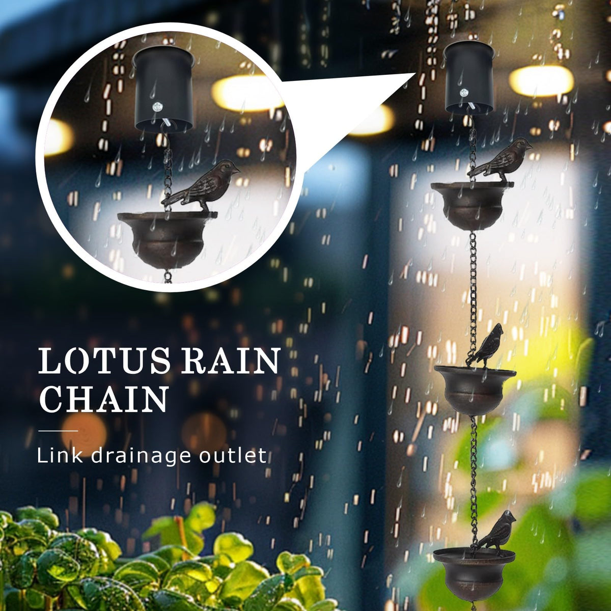 Quanqiuyi dark bronze rain chain highlights decorative water feature in sunlight