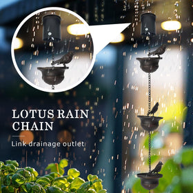 Quanqiuyi dark bronze rain chain highlights decorative water feature in sunlight