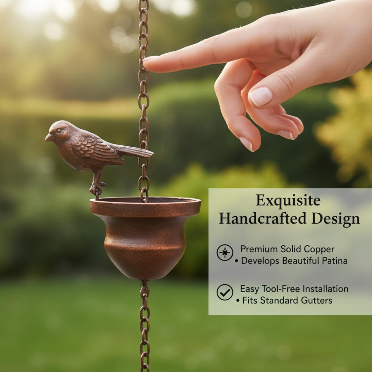 Quanqiuyi rain chain doubles as garden decor during dry days and guides rain when it pours