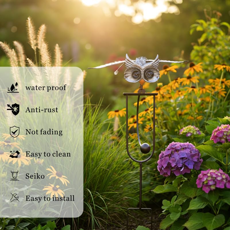 Quanqiuyi iron owl wind spinner withstands outdoor use with durable finish.