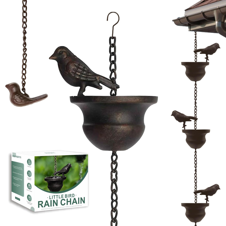 Quanqiuyi metal bird rain chain along gutters adds graceful water flow and curb appeal