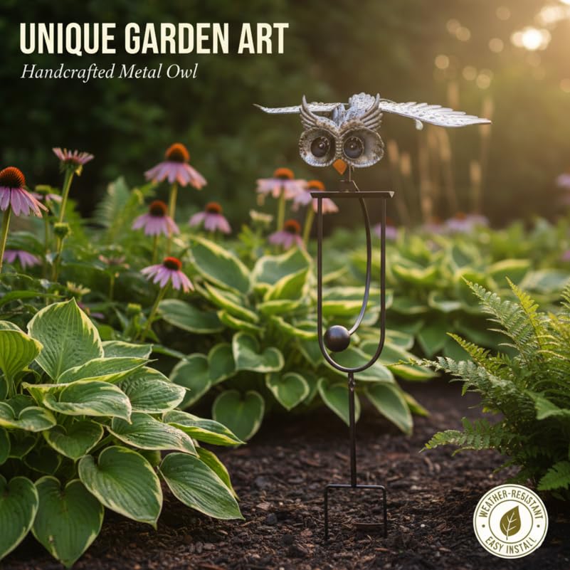 Quanqiuyi owl garden rocker shows wings swaying for eye-catching yard movement.