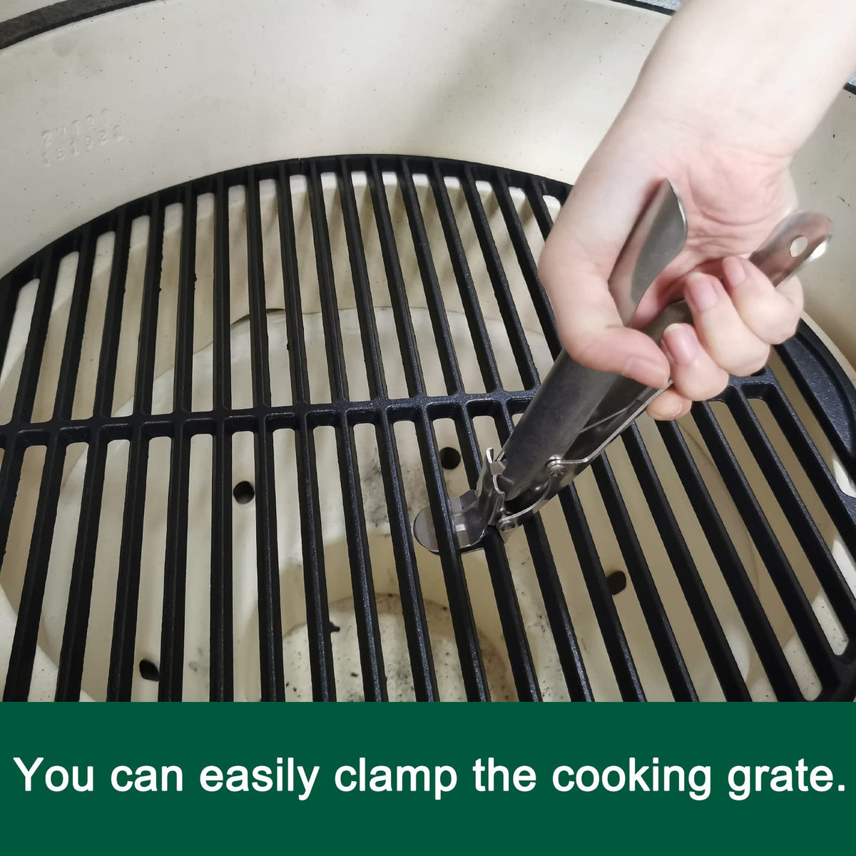 Quantfire big green egg compatible lifter eases lifting of heavy steel grates.