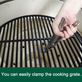 Quantfire big green egg compatible lifter eases lifting of heavy steel grates.