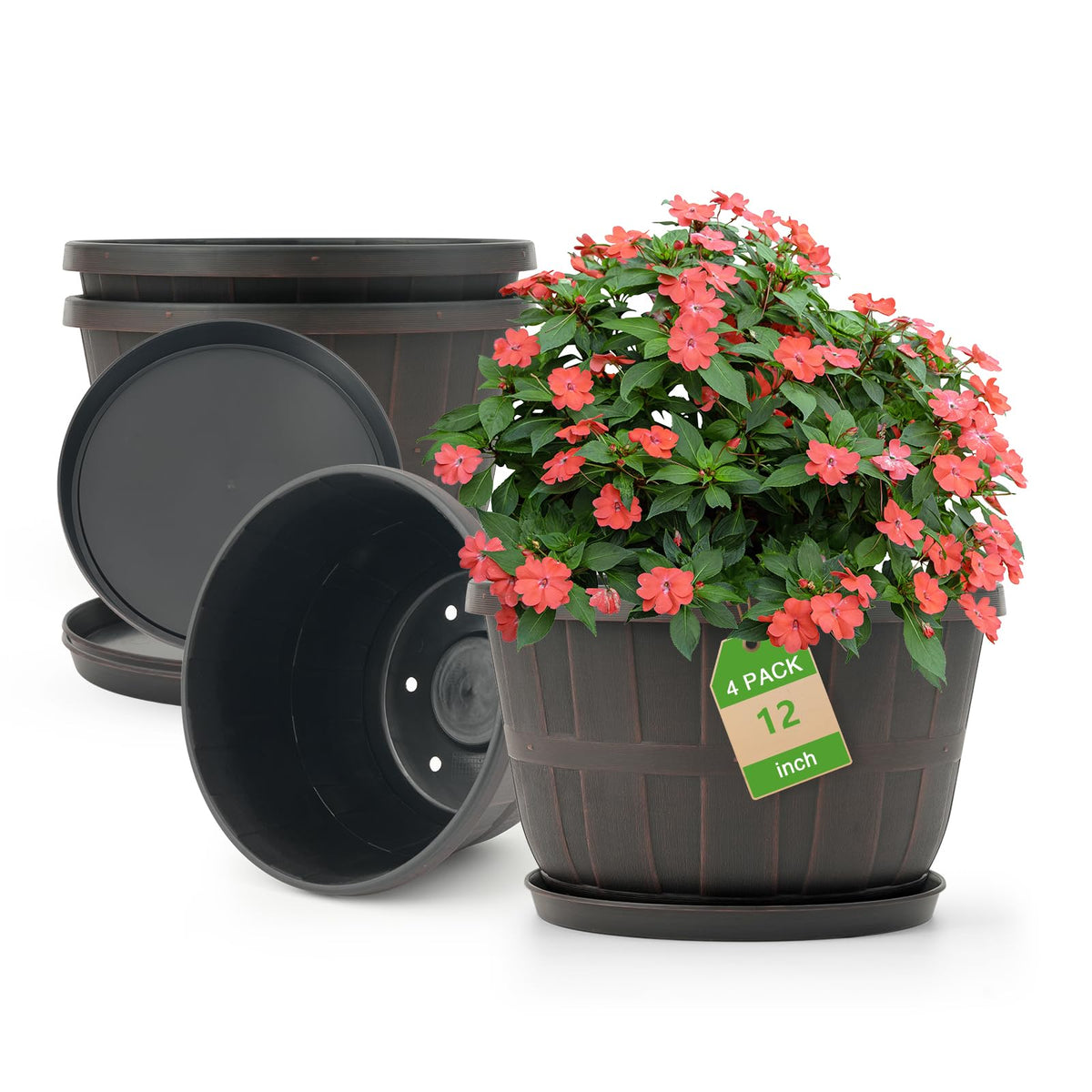 Quarut 12-inch planter pot with whiskey-barrel design adds style to any room