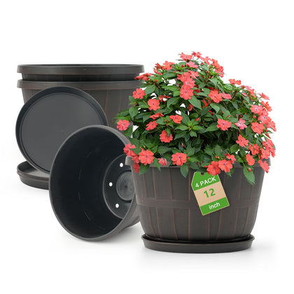 Quarut 12-inch planter pot with whiskey-barrel design adds style to any room