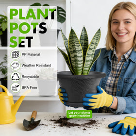 Quarut 12-inch pot with matching saucer, ideal for surface protection.