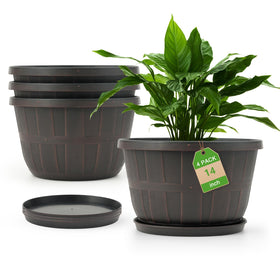 Quarut 14-inch pot in side view with wine-barrel design for stylish indoor decor