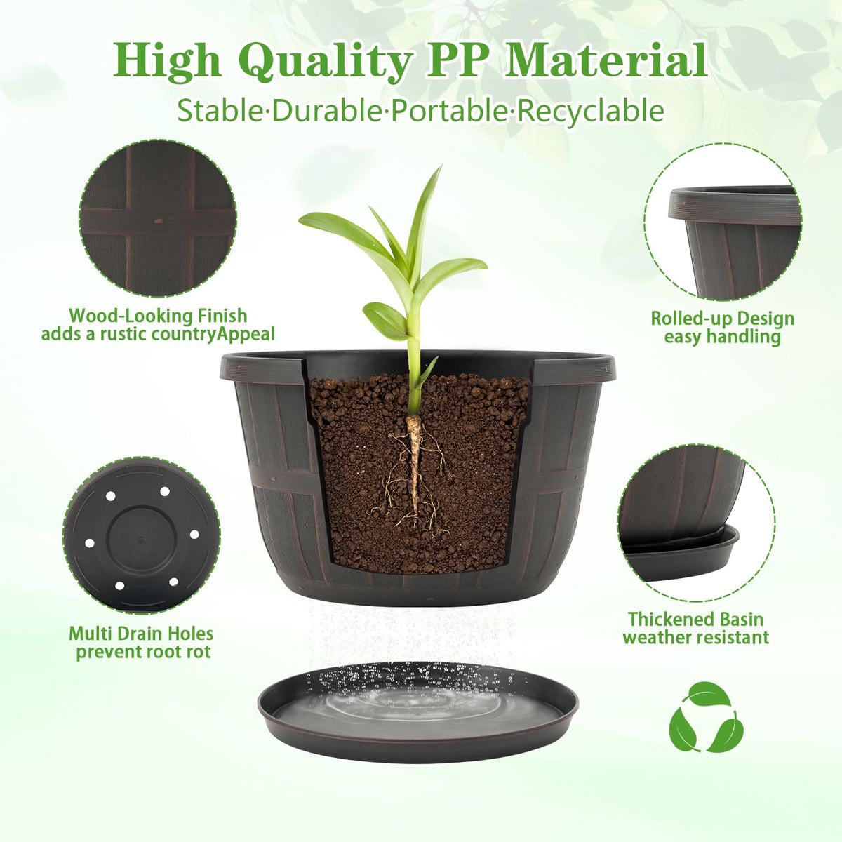 Quarut 16-inch brown whiskey barrel planter side view suitable for outdoor patios
