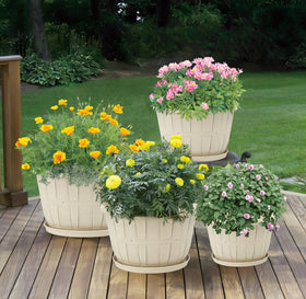 Quarut planter on patio with vibrant greenery