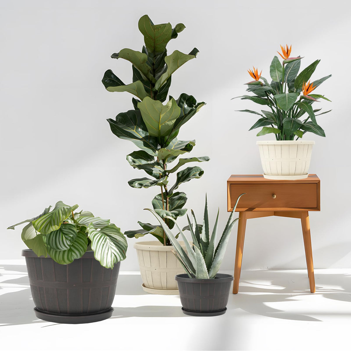 Quarut white whiskey-barrel planter adds elegant indoor-outdoor style.