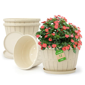 Quarut whiskey barrel planter 12inch front view showcases sturdy white plastic design for indoor or outdoor use.
