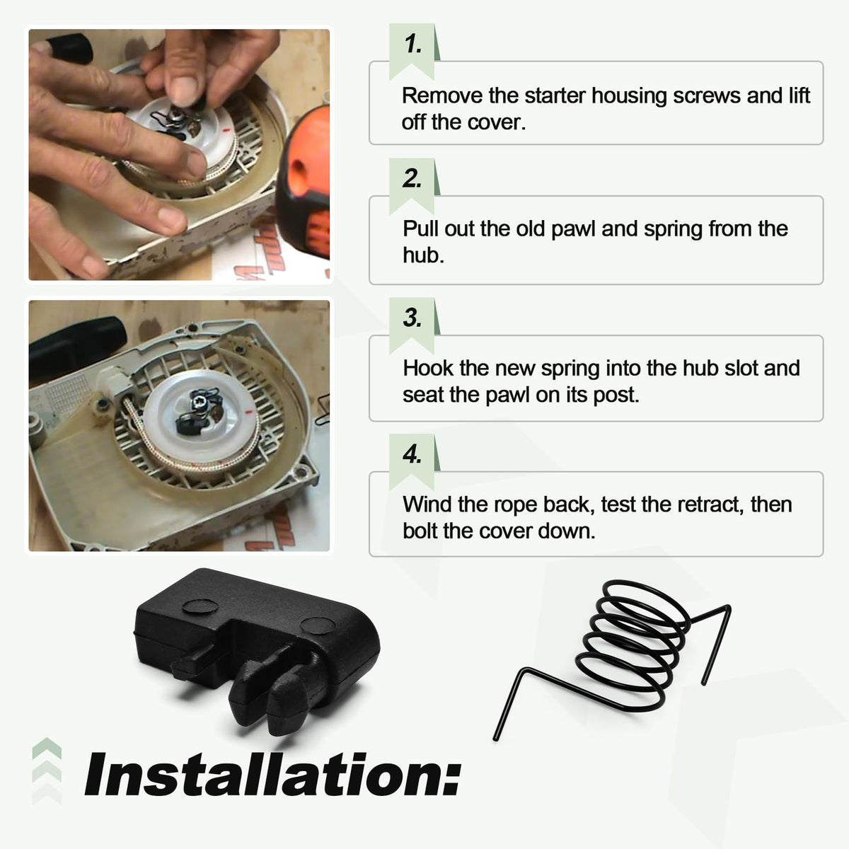 Quctaki starter assembly guide image showing pawl and spring installation