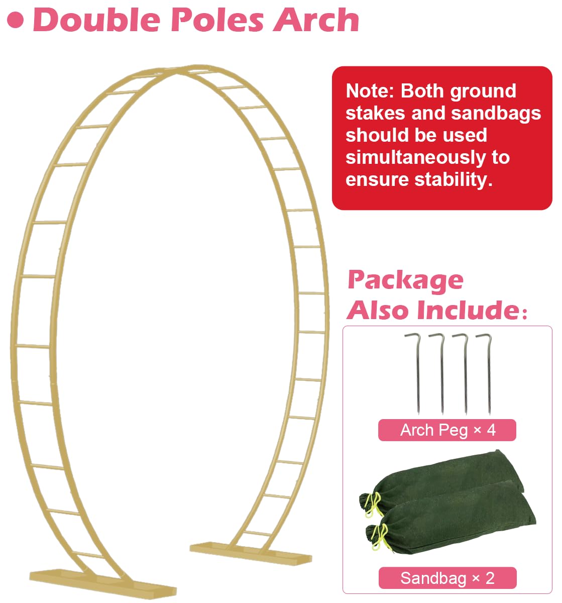 Queension wedding arch base with ground stakes for wind stability.