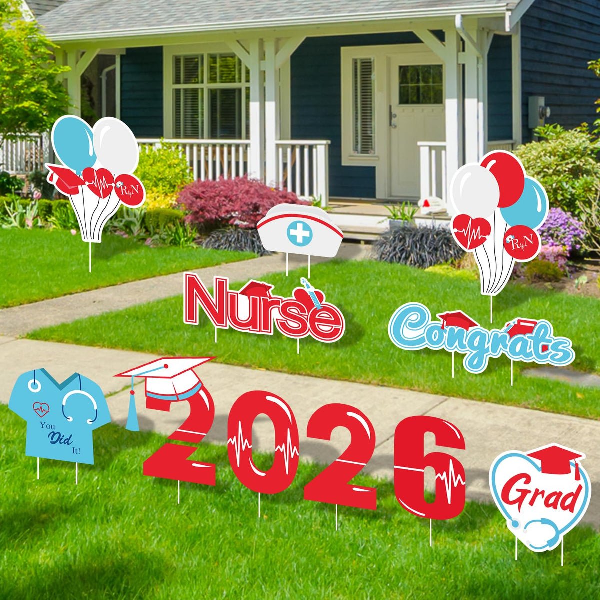Quera grad cap nurse yard sign featuring RN motif for parties.