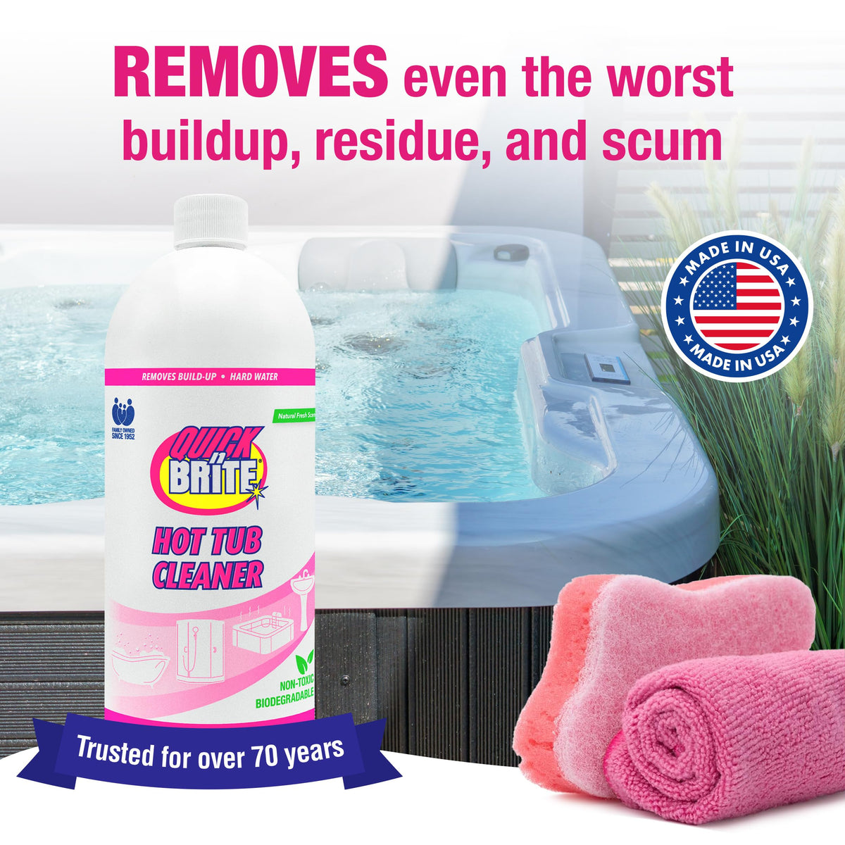 Cleaner kit with cloth and sponge for easy tub upkeep by Quick N Brite.