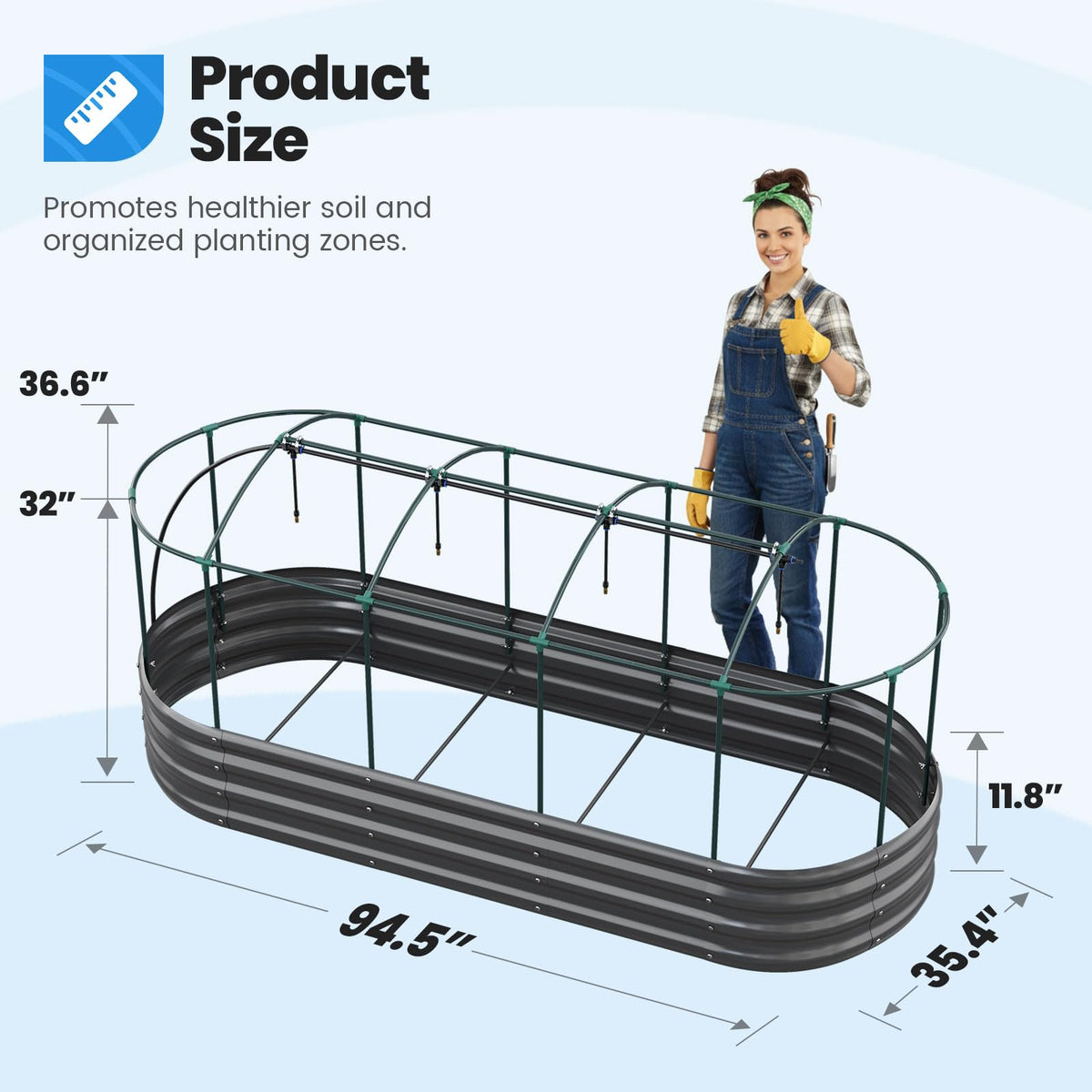 Large oval bed measuring 8x3x1 ft for generous planting space.