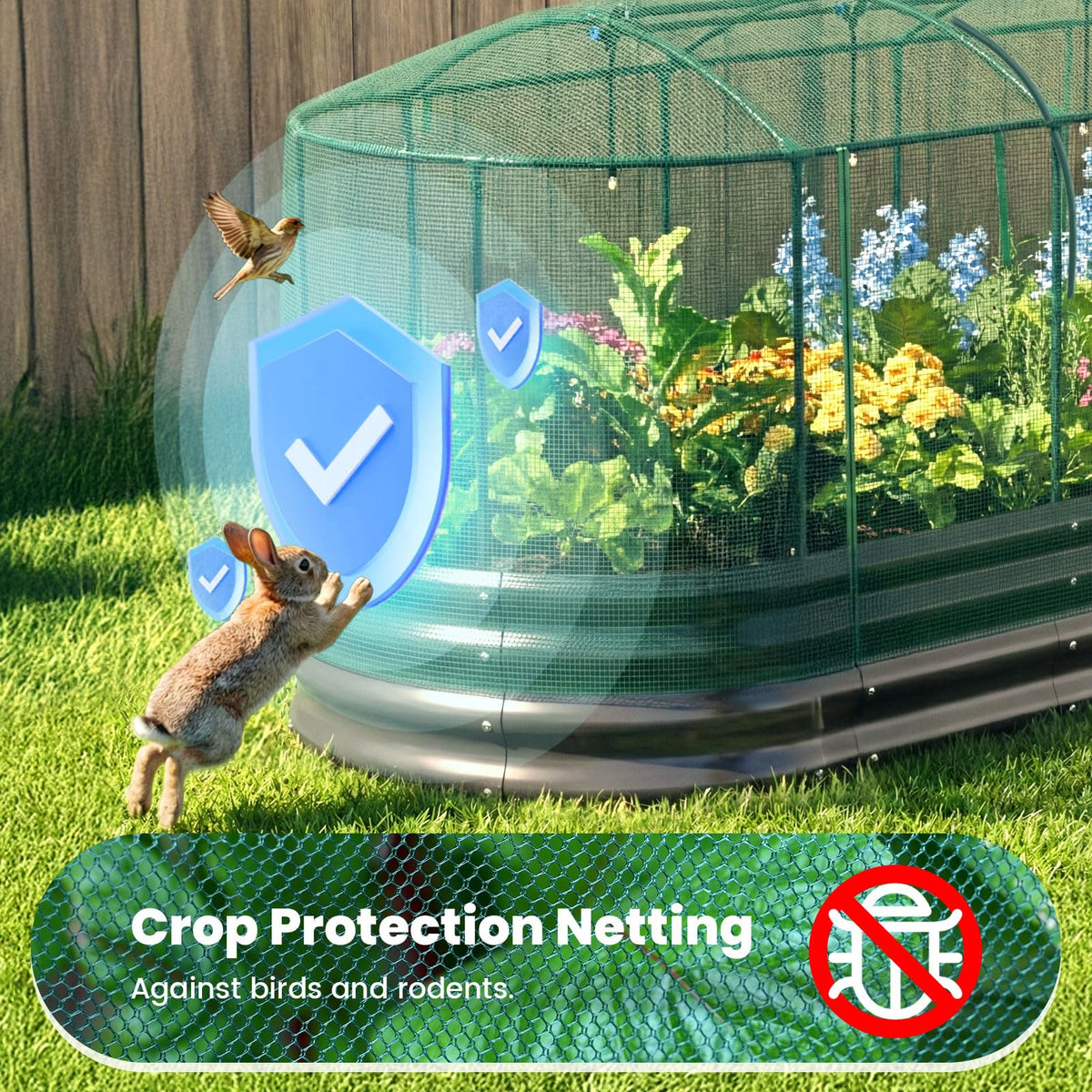 Quictent oval planter with mesh cover for weather protection and pest defense.