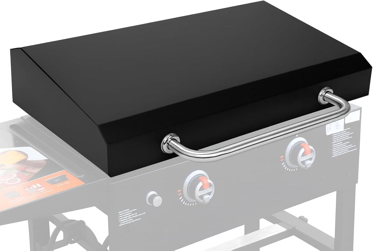 QuliMetal 28in hinged hood cover on Blackstone griddle protecting surface during grilling