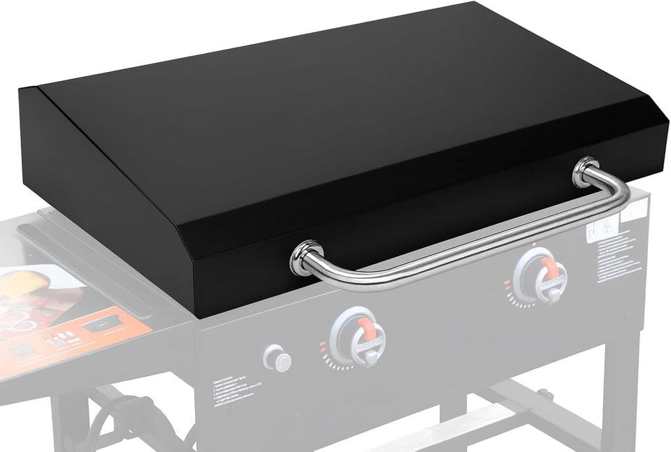 QuliMetal 28in hinged hood cover on Blackstone griddle protecting surface during grilling