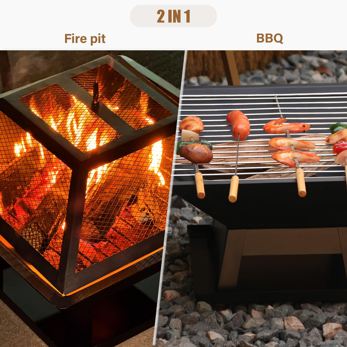 Quilushey square design fire pit provides stable footing on various surfaces