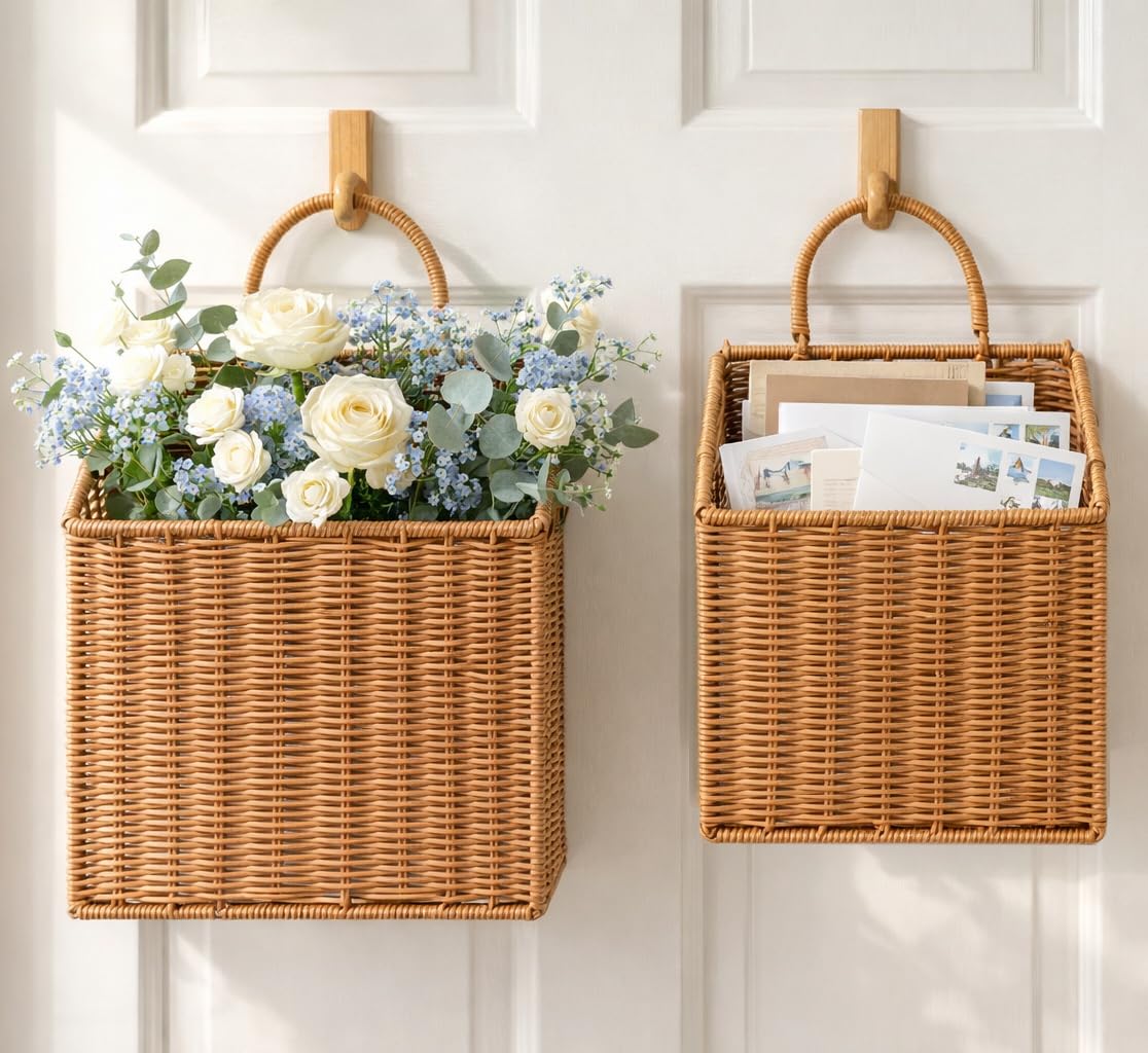 Quincry two-pack woven baskets for front door add rustic charm and storage.